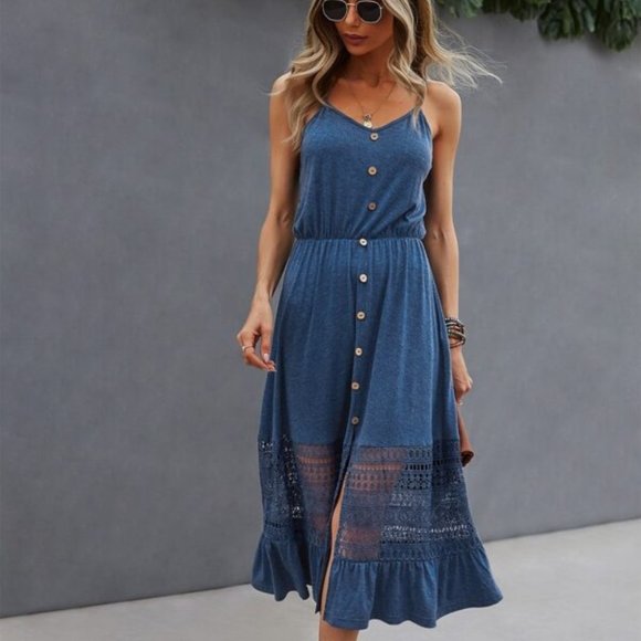 Blue Lace Buttons detail Ruffle Hem Cami Dress - Picture 1 of 5